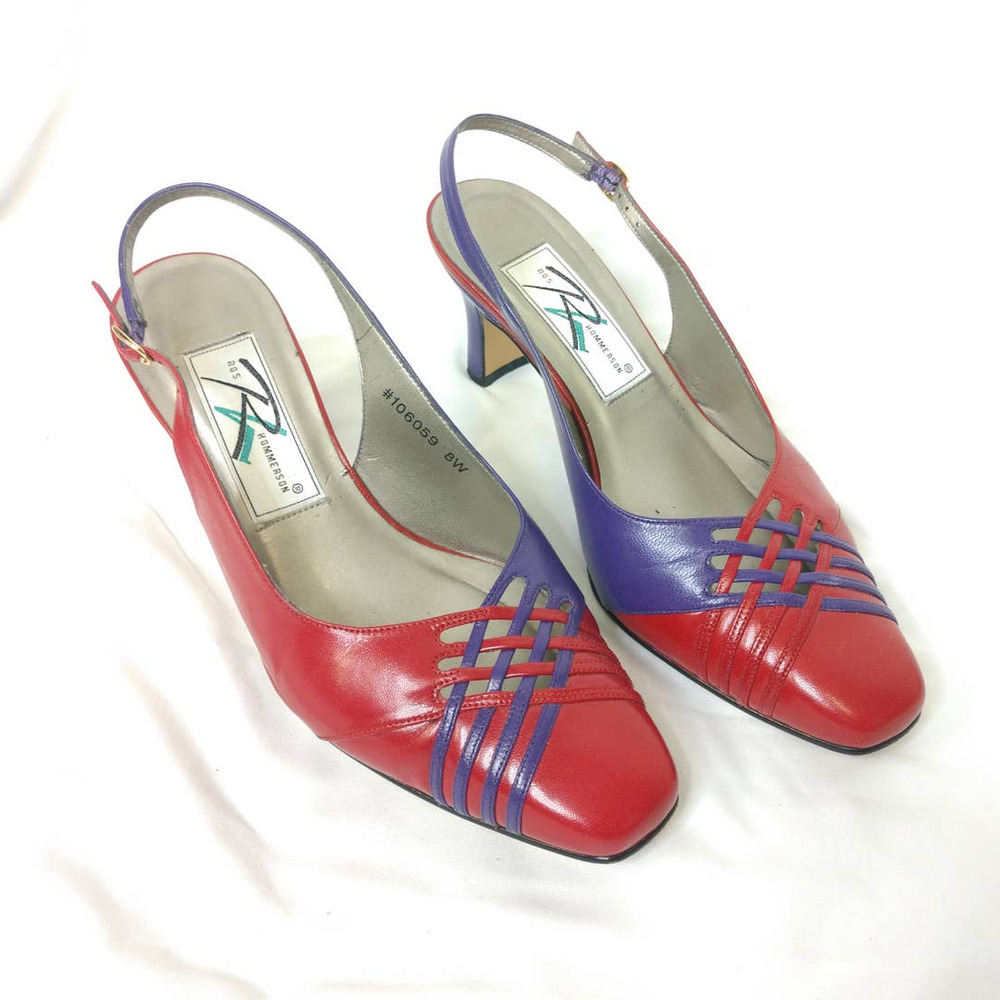 Vintage 80's Heel Purple Red Sling Back Size 8 Wide Color Block